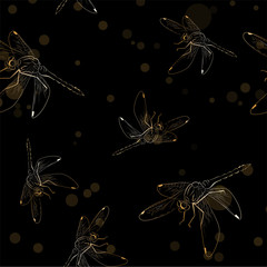 Gold dragonflies on sparkling dark background. Seamless pattern, texture, wallpaper, print