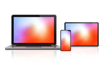 Laptop, tablet and phone set mockup isolated on white. 3D render