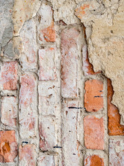 Empty Old Brick Wall Texture. Painted Distressed Wall Surface. Grungy Wide Brickwall. Grunge Red Stonewall Background. Shabby Building Facade With Damaged Plaster. Abstract Web Banner. Copy Space.