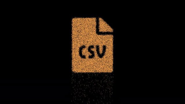 Symbol file csv appears from crumbling sand. Then crumbles down. Alpha channel Premultiplied - Matted with color black