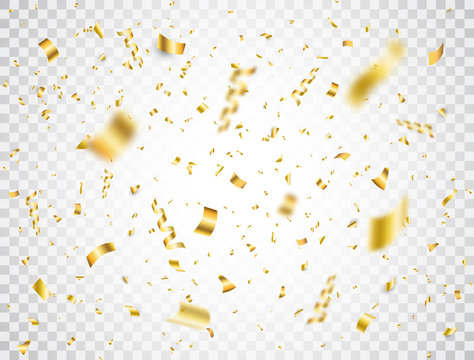 Confetti on transparent background. Falling shiny gold confetti. Bright golden festive tinsel. Party backdrop. Holiday design elements for web banner, poster, flyer, invitation. Vector illustration