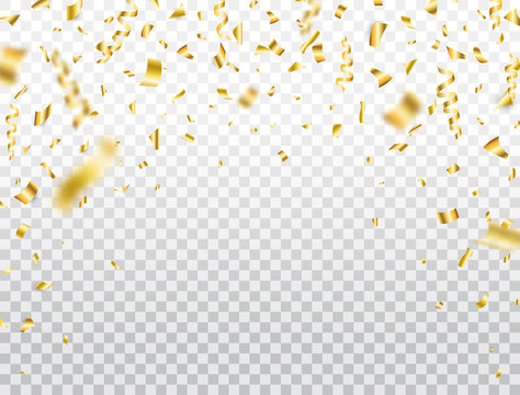 Gold confetti on transparent background. Falling shiny golden confetti. Party backdrop. Bright glitter festive tinsel. Holiday design element for web banner, flyer, invitation. Vector illustration