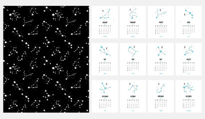 Simple Zodiac English Vector Calendar. 2020 Year. Monthly Simple Business Calendar 2020. Abstract Infantile Style Hand Drawn Design and Handwritten Text.Each Month as a Seperate Page.All Zodiac Signs.