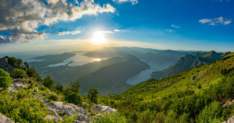 Scenic views of the Bay of Kotor open from a viewpoint on the top of the mountain.