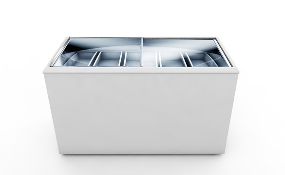 Clean ice cream freezer blank isolated on white background. 3d rendering