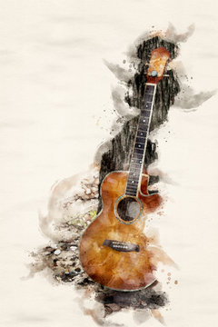 guitar leaning on tree in watercolors
