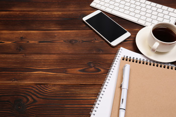 Office desk table with supplies. Flat lay Business workplace and objects. Top view. Copy space for text