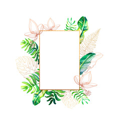 Set of card with tropical leaves and flowers. Floral greeting card. Template for invitations, wedding and any design . Frame
