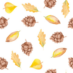 watercolor autumn pattern of mushrooms, leaves and cones on a white background
