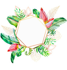 Set of card with tropical leaves and flowers. Floral greeting card. Template for invitations, wedding and any design . Outline floral. gold leaves. Polygon Frame