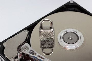 Lock on hdd or harddrive, part of computer, cyber security concept, data privacy