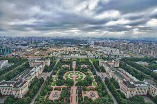 Panorama of Ramenki district and cloudy sky at summer in Moscow, Russia, view from MSU, August 2009