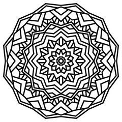 Geometric mandalas. Coloring book page. Zigzag ornament. Round element for design. Decorative ornament. Sketch for tattoo. Ethnic Fractal Mandala. Graphic element.