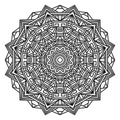 Geometric mandalas. Coloring book page. Zigzag ornament. Round element for design. Decorative ornament. Sketch for tattoo. Ethnic Fractal Mandala. Graphic element.