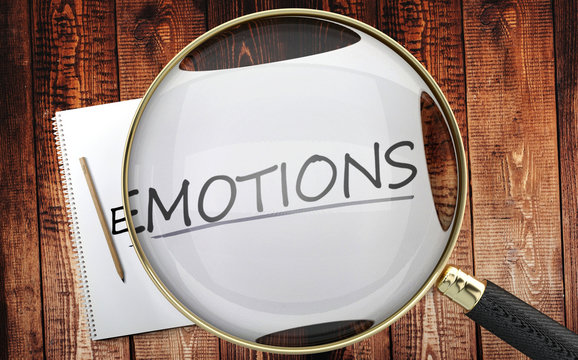 Study, learn and explore emotions - pictured as a magnifying glass enlarging word emotions, symbolizes analyzing, inspecting and researching the meaning of emotions, 3d illustration