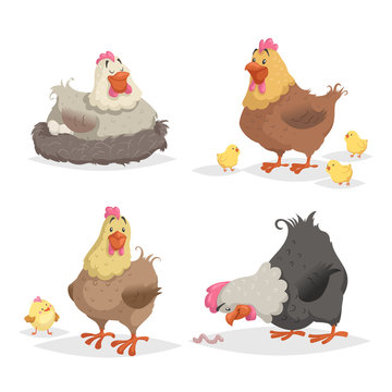 Cute cartoon hens set. Clockinh hen, mother with chickens, looking on wotm. Farm animals vector illustrations isolated on white background.