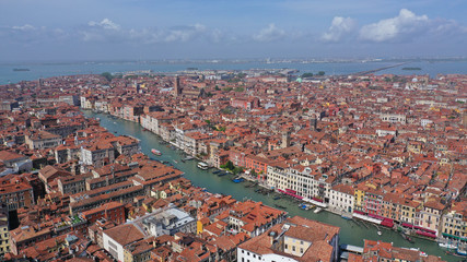 Fototapeta na wymiar Aerial drone photo of iconic and unique Grand Canal crossing city of Venice as seen from high altitude, Italy