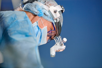 photo of the operating surgeon in the surgery room. Surgeon in mask and glasses with mounted headlight. Close portrait