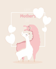 Happy mother's day picture with Llama family. Best mom, mum ever cute feminine design for menu, flyer, card, invitation, typography. Vector illustration.