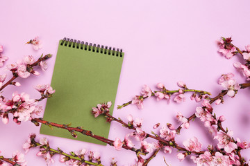 mock up notebook and sprigs of the apricot tree with flowers on pastel colour background. he concept of spring came, happy easter, mother's day.Top view.Flay lay.