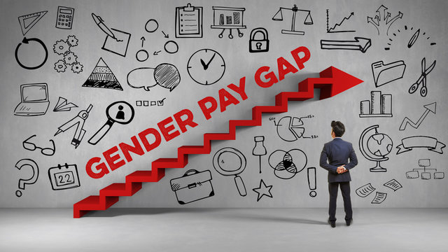Gender Pay Gap GPG Konzept mit Treppe und Icons