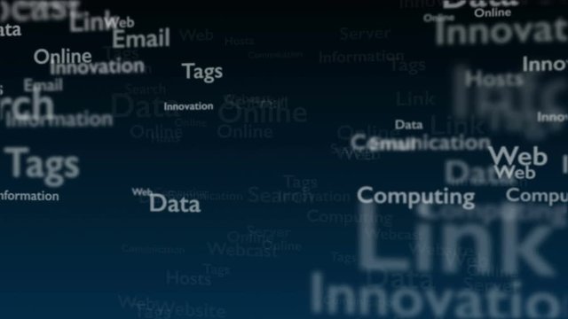 Deep blue background with different words, which deal with internet. Close up. Copy space. 3D. Animation.