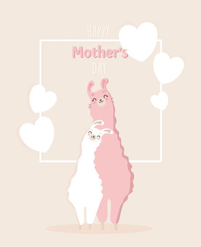 Happy mother's day picture with Llama family. Best mom, mum ever cute feminine design for menu, flyer, card, invitation, typography. Vector illustration.