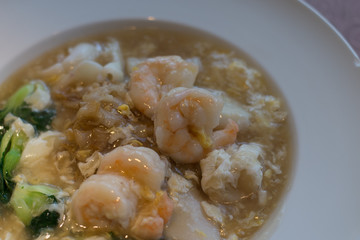 Cantonese Style Seafood Hor Fun with flat rice noodles, shrimp, vegetables