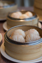 Superior Har Kao Prawn Dumpling  with Water Chestnut in a bamboo basket
