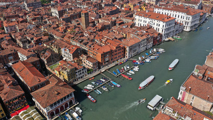 Aerial drone photo of iconic and unique Grand Canal crossing city of Venice as seen from high altitude, Italy