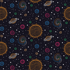Cosmos outer space doodles seamless vector pattern