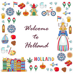 Fototapeta na wymiar Holland Netherlands doodle cartoon vector set square frame