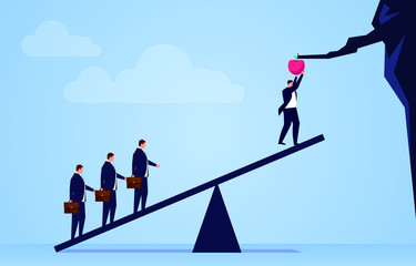 Businessman uses a seesaw to get an apple on a cliff