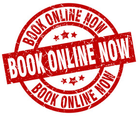 book online now round red grunge stamp