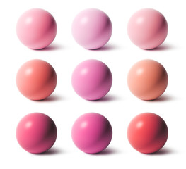Samples of lipstick, blush, eyeshadow in the shape of a sphere. Smears of lipstick. Cosmetic smears of liquid. 3D illustration.
