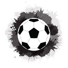 Soccer ball with black ink stains and watercolor splashes. Sport equipment. The object is separate from the background. Vector element for banners, articles and your design.