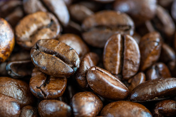 Close up shot of roasted coffee beans