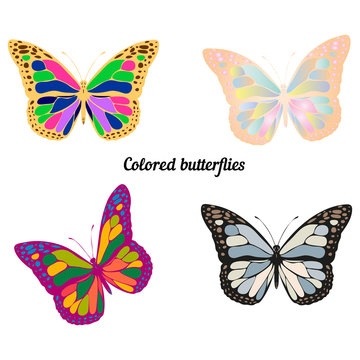 A collection of colored butterflies, for decoration, on a white background