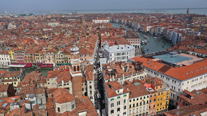 Naklejka na ściany i meble Aerial drone photo of iconic and unique Grand Canal crossing city of Venice as seen from high altitude, Italy
