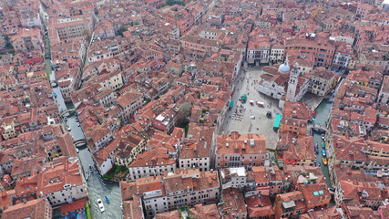 Aerial drone photo of iconic and unique Grand Canal crossing city of Venice as seen from high altitude, Italy