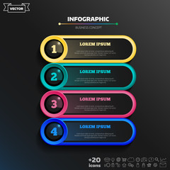 Vector infographic design with colorful circles on the black background. Business concept. 4 options, parts, steps. Can be used for graph, diagram, chart, workflow layout, number options, web