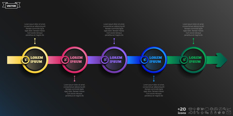 Timeline infographics design with colorful circles. Business concept. 5 options, parts, steps. Can be used for graph, diagram, chart, workflow layout, number options, web. Vector illustration.