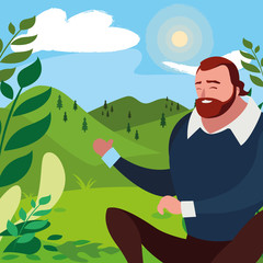 strong and bearded man seated in the field