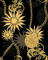 Print with gold chains and jewelry and baroque leaves on a black background. Vector seamless pattern.  - 264576871