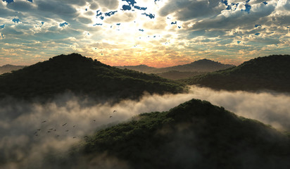 3D illustration of the sunset and clouds
