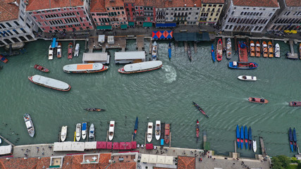 Aerial drone top view photo of small Canal near Rialto bridge, Venice, Italy