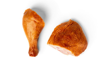 Smoked chicken thigh and legs isolated on white background. 