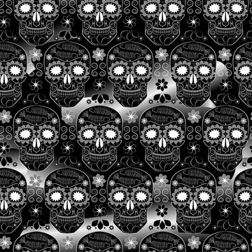 black and white seamless pattern with the image of a skull, the symbol of the traditional Mexican holiday day of the dead and Day of angels