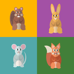 Flat design style, beaver, mouse, fox, rabbit. Vector illustration.