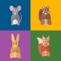 Flat design style, beaver, mouse, fox, rabbit. Vector illustration.